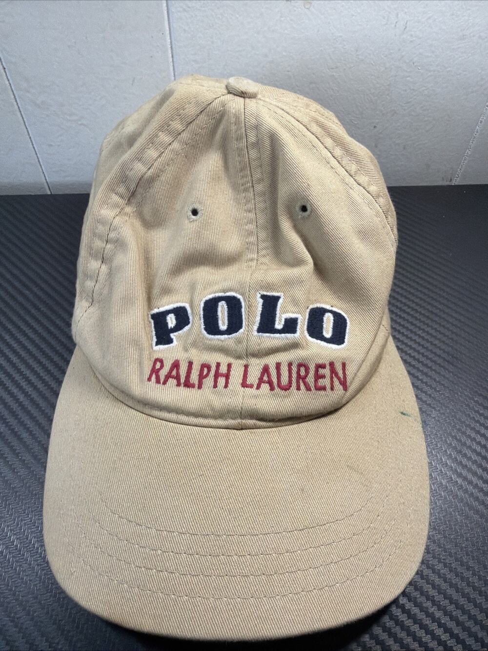 Vintage Polo Ralph Lauren Spellout Strapback Khaki Hat Made In USA R2